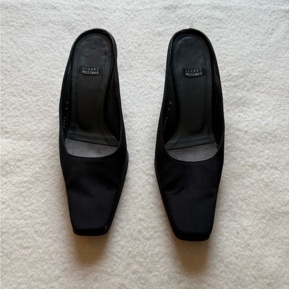 Vintage Stuart Weitzman Black Square Toe Kitten Heel Mules 8 - Picture 1 of 5